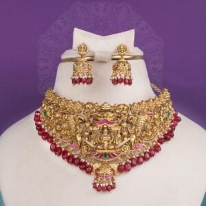 Lakshmi Temple Bridal Necklace Set with Ruby Beads