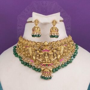 Lakshmi Temple Bridal Necklace Set with Emerald Green Beads