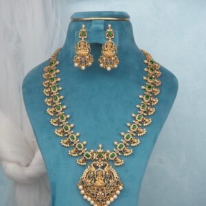 Lakshmi Temple Long Haram Necklace Set with Emerald Green Stones