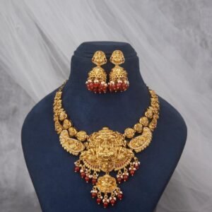 Lakshmi Temple Bridal Necklace Set with Ruby Drops