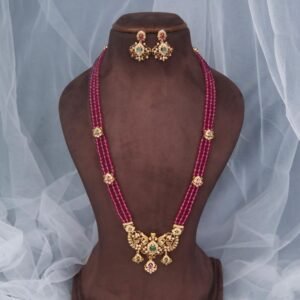 Ruby Beaded Long Haram Necklace Set with Temple Pendant