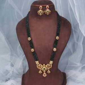 Emerald Beaded Long Haram Necklace Set with Temple Pendant