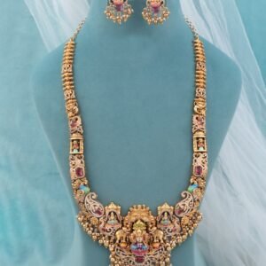 Grand Lakshmi Elephant Temple Long Haram with CZ Diamond Work & Pearl Drops
