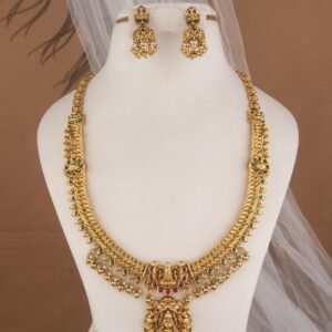 Lakshmi Temple Antique Gold Necklace Set with Green Stone Detailing