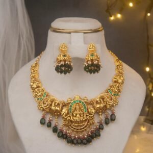 Lakshmi Temple Bridal Necklace Set with Emerald Green Drops