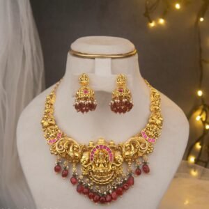 Lakshmi Temple Bridal Necklace Set with Ruby Drops