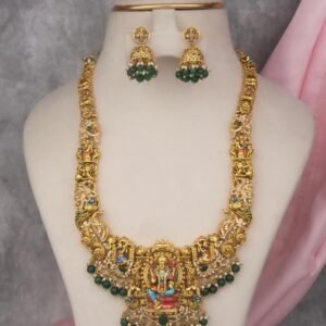 Lakshmi Temple Long Haram Necklace Set with Hand-Painted Pendant and Emerald Drops