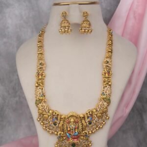 Lakshmi Temple Long Haram Necklace Set with Hand-Painted Pendant and Pearl Drops