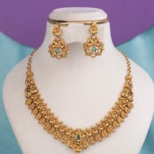 Lakshmi Temple Coin Necklace Set with Green Stone Accent